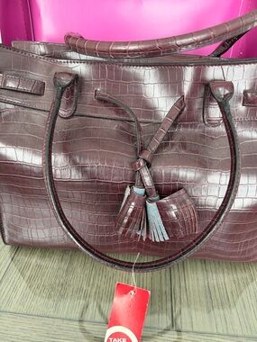 Croc-Embossed Burgundy Tassel Satchel